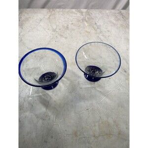 Handblown Stemless Martini Margarita Cosmo Glasses Blue Trim Blue Base 14 oz